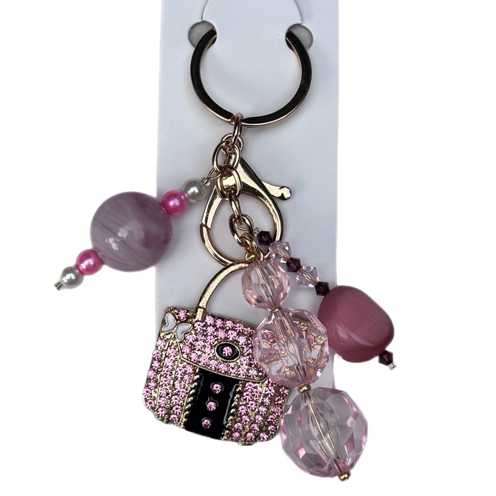 Pink and Gold Purse Charm Beaded Keychain Upcycled Hand Crafted